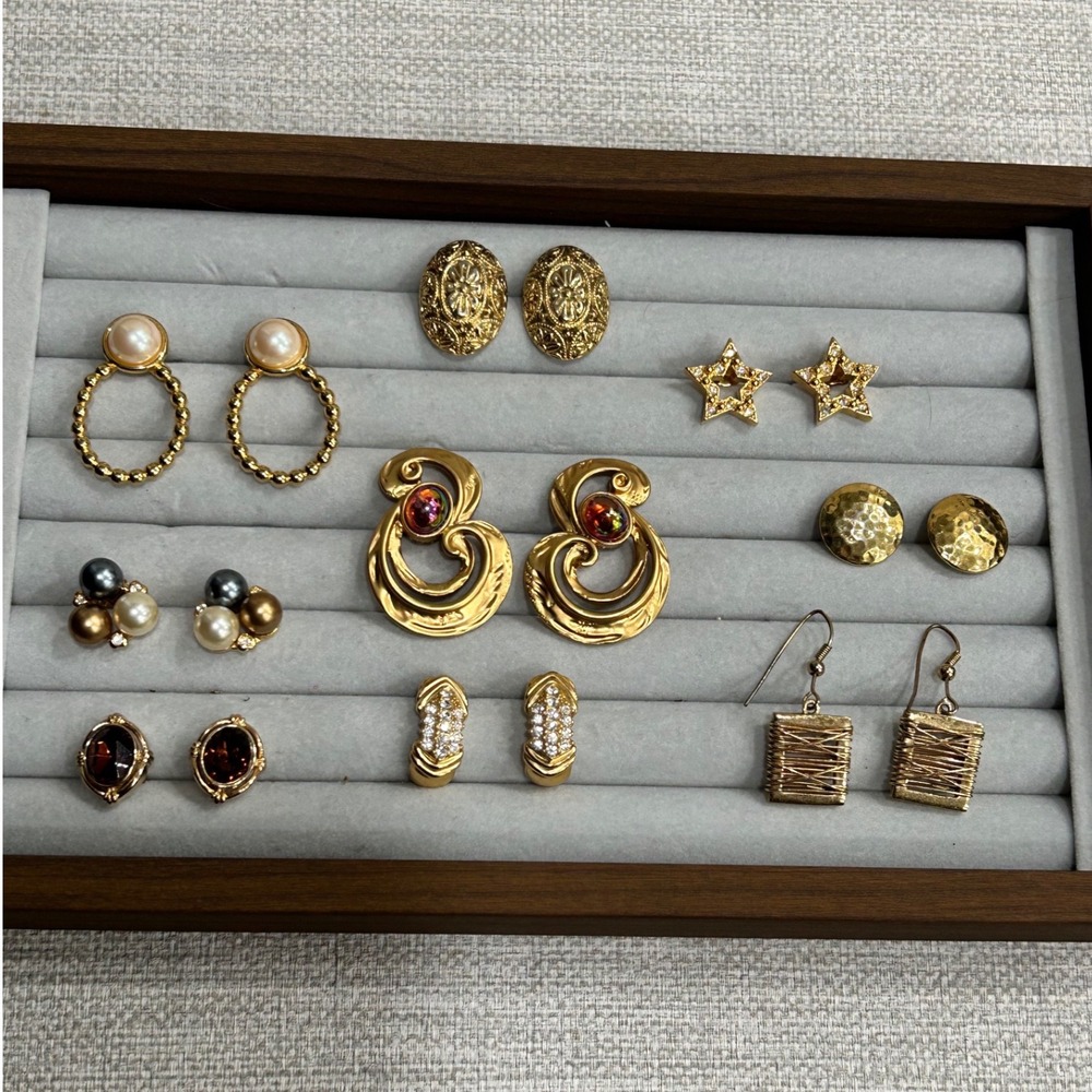 Gold Tone Earring Lot 9 Pairs Faux Pearl Crystal Star Hammered Filigree Vintage